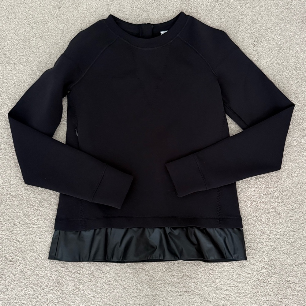 IVIVVA (LULULEMON) Black Long Sleeve Top with Ruffle Hem in Faux Leather